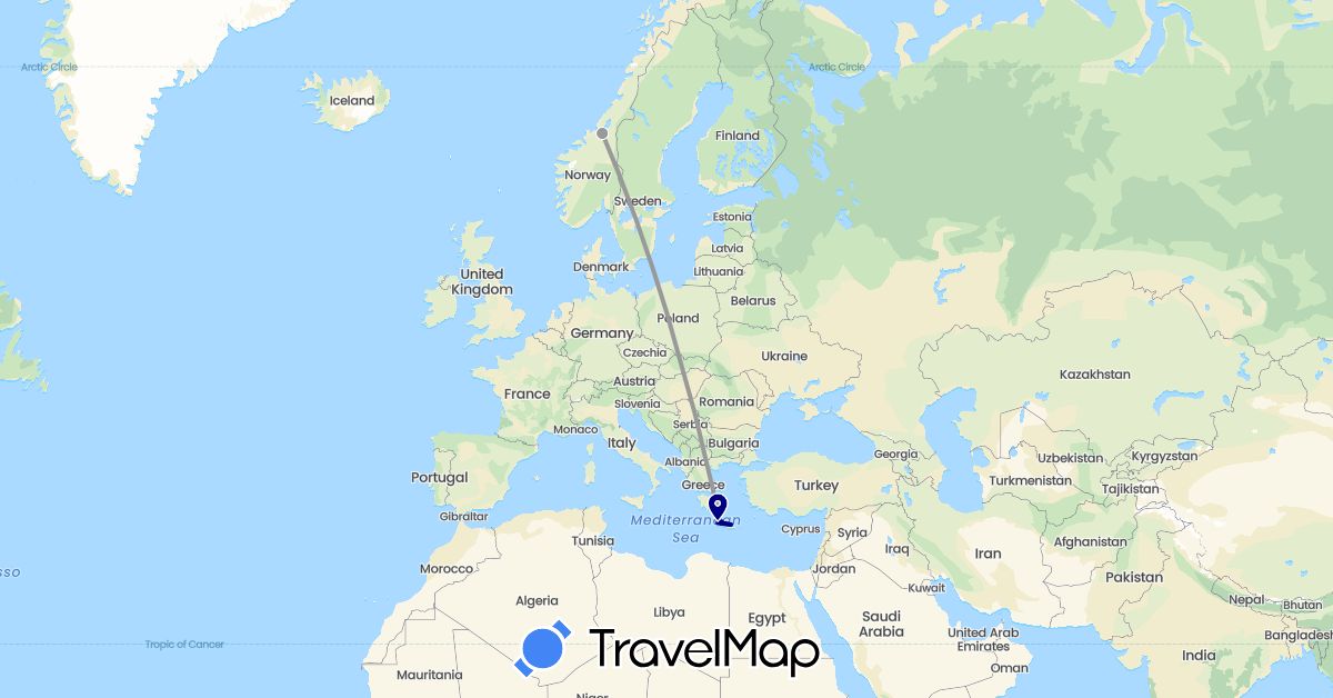 TravelMap itinerary: driving, plane in Greece, Norway (Europe)